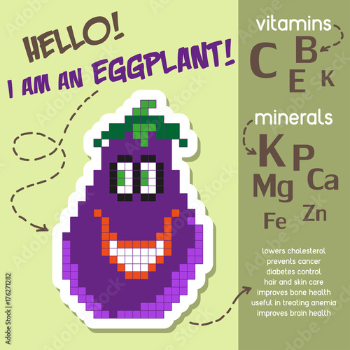 Creative infographics about vitamins and minerals in eggplant. Health benefits of eggplant. Cartoon style. Vector illustration