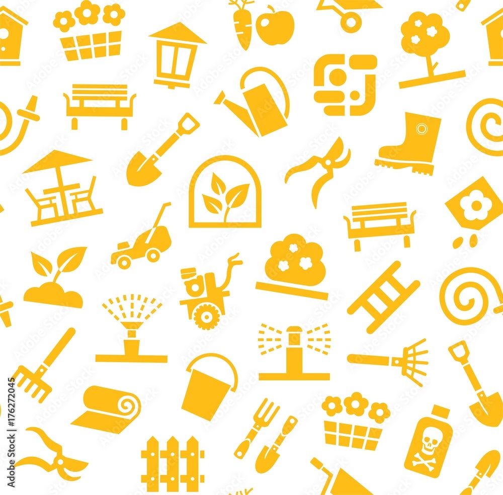 Landscape design, seamless background, white and yellow, vector. Background with equipment for gardening and horticulture. Yellow, flat pictures on a white field. Arrangement of land. Landscape design, seamless background, white and yellow, vector. Background with equipment for gardening and horticulture. Yellow, flat pictures on a white field. Arrangement of land.