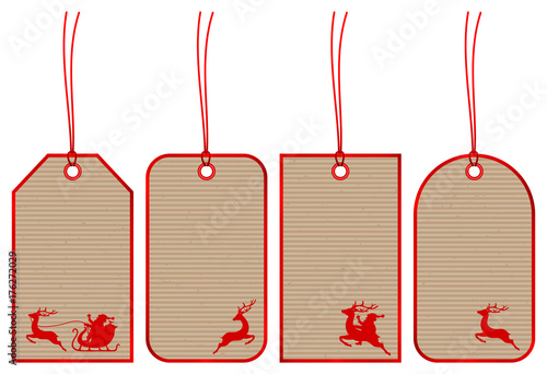 4 Christmas Hangtags Santa Reindeer Brown Paper Red