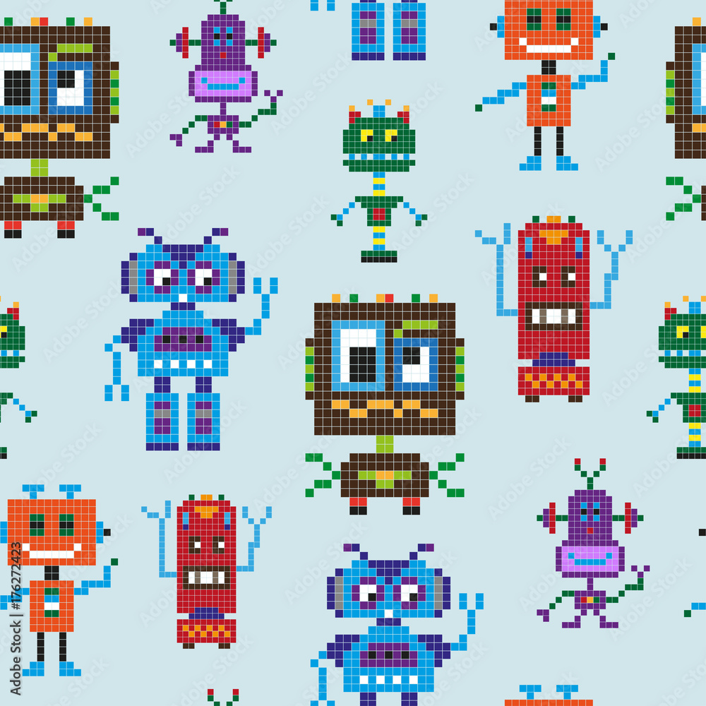 Seamless pattern with comic pixel robots on blue background. Vector illustration