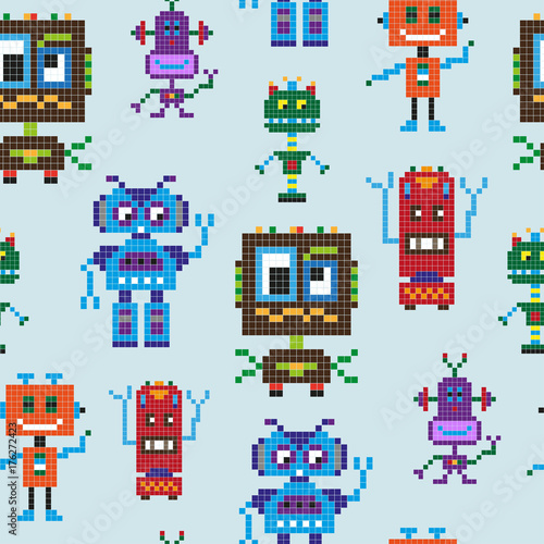 Seamless pattern with comic pixel robots on blue background. Vector illustration © Aglia