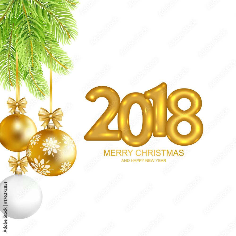 2018 Marry Christmas and Happy New Year card with christmas balls and fir-tree on white background. Gold text design. Vector illustration. 2018 Marry Christmas and Happy New Year card with christmas balls and fir-tree on white background. Gold text design. Vector illustration.