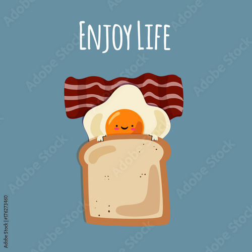 Funny good morning breakfast egg with toast and bacon cartoon. Vector illustration