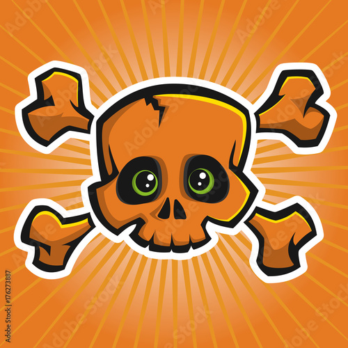 Orange cartoon skull with crossed bones on an orange background. Vector illustration.
