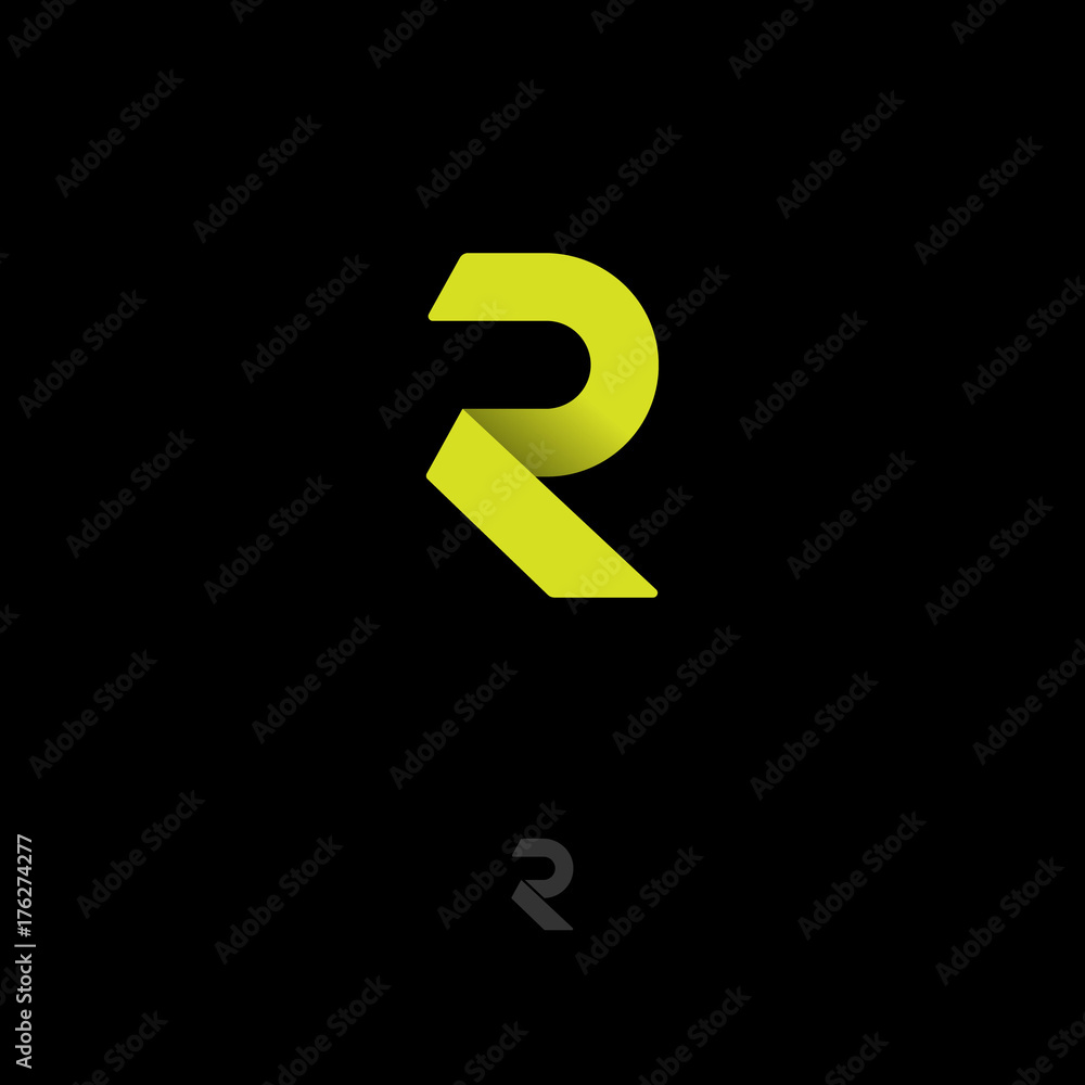 R logo. R monogram. Yellow origami letter on dark background. R logo. R monogram. Yellow origami letter on dark background.