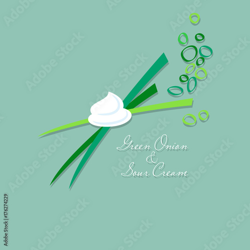  Green onions and sour cream illustration. Flat picture.