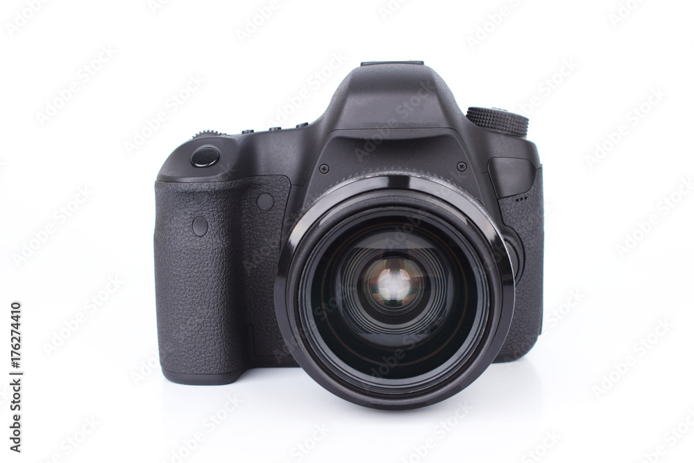 Black DSLR Camera isolated on white background Black DSLR Camera isolated on white background