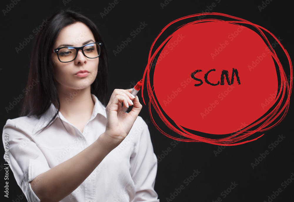 The concept of marketing, technology, the Internet and the network. A young businessman shows what is important for business: SCM The concept of marketing, technology, the Internet and the network. A young businessman shows what is important for business: SCM