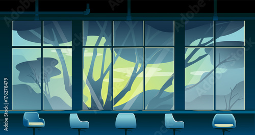  glass window with sunset nature view outside, empty cafe, coffee shop bar and seat.