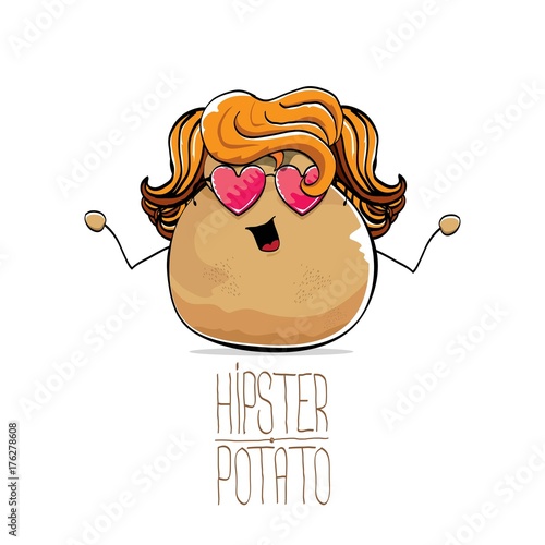vector funny cartoon cute brown hipster potato with long blond hair and pink heart shape sunglasses isolated on white background.