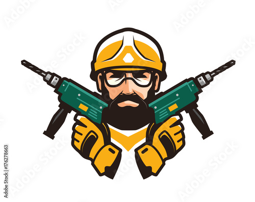 Construction work, repair concept. Builder with tools in hands. Vector illustration