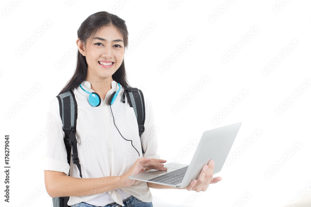 Portrait of Beautiful Young Asian Woman student holding Laptop with attractive smiling isolated on white, Woman with Education Concept. Portrait of Beautiful Young Asian Woman student holding Laptop with attractive smiling isolated on white, Woman with Education Concept.