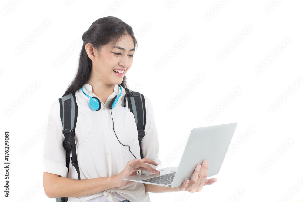Portrait of Beautiful Young Asian Woman student holding Laptop with attractive smiling isolated on white, Woman with Education Concept. Portrait of Beautiful Young Asian Woman student holding Laptop with attractive smiling isolated on white, Woman with Education Concept.