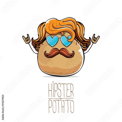 vector funny cartoon cute brown hipster potato with long blond hair, mustache and blue heart shape sunglasses isolated on white background.