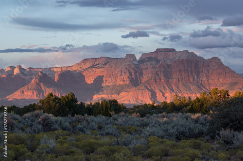 View of West Temple in Zion National park from the Gooseberry mesa road at sunset