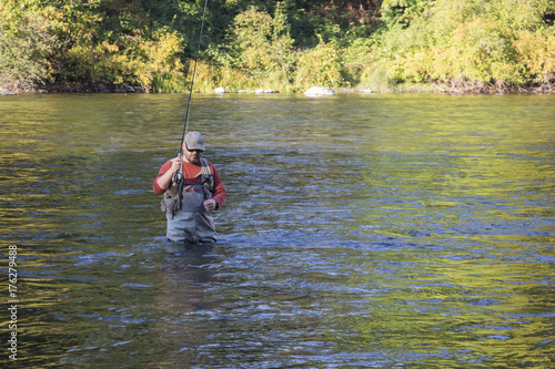 A man leaving the river after fly-fishing for pink salmon.