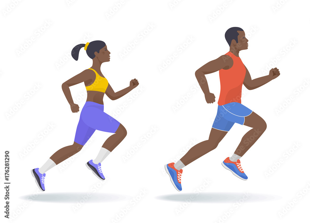 The running afroamerican active people set. Side view of sporty running young man and woman in a sportswear. Sport, jogging, fitness, training concept. Flat vector illustration isolated on white.