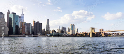 Panoramic view at Brooklyn Bridge view and Manhattan skyline, USA
