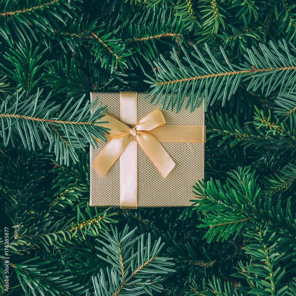 Creative layout made of Christmas tree branches with gift box. Flat lay. Nature New Year concept. Creative layout made of Christmas tree branches with gift box. Flat lay. Nature New Year concept.