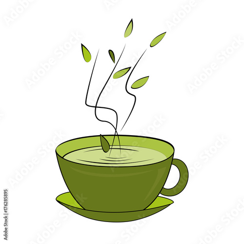 Green tea cup. Vector illustration. Hot smelling tea in ceramic cup