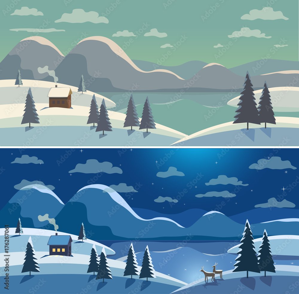Mountain valley landscape winter frozen season. Lake scenic daylight,  moonlight view. House on river in snowy wood. Freehand cartoon outdoors  retro style. Vector countryside scene banner background Stock Vector |  Adobe Stock