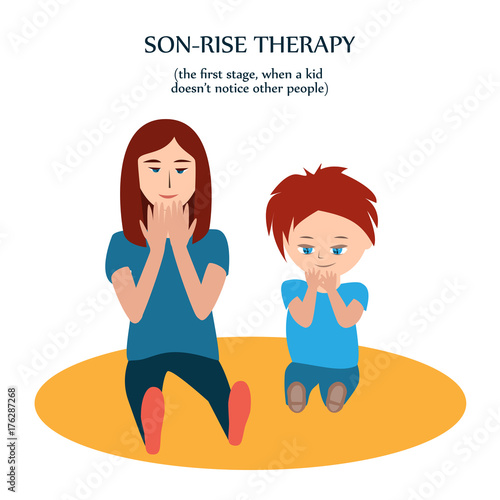 Boy and woman look at their fingers. Mother copies action of her son with autism to show him her love and understanding. Son-rise method of autism treatment photo