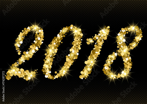 Happy New Year 2018 with numbers from golden glitter with sparkles on black halftone background. Vector illustration