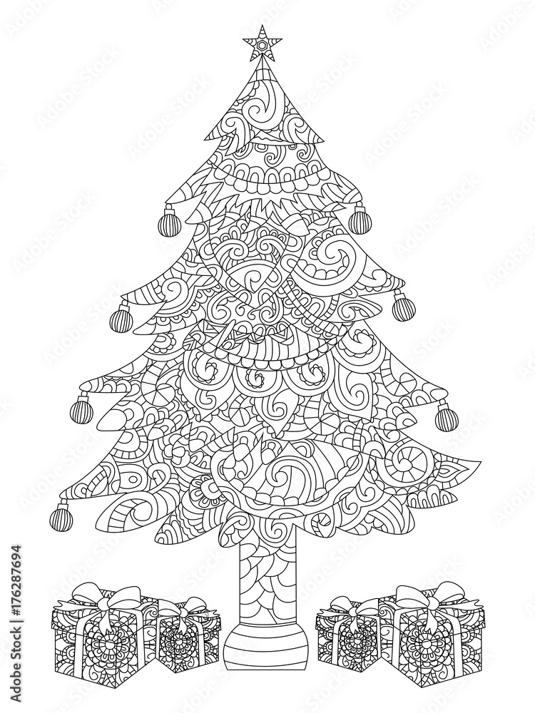Christmas tree with gifts coloring raster