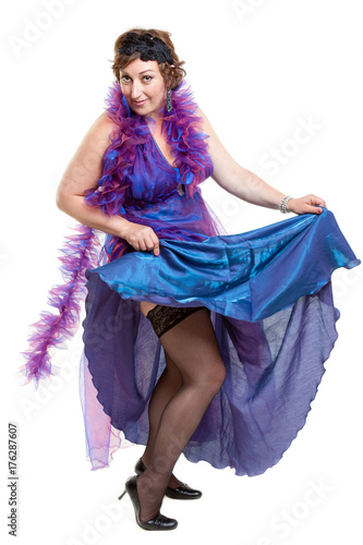 costume partyl, middle-aged woman wearing bright dress, scarf and stocking photo