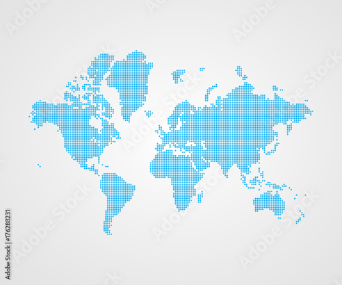 Vector dotted world map infographic symbol. International illustration sign. Blue template element for business  presentation  marketing project  sample  web design  media  news  blog  advertisement
