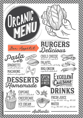 Organic menu restaurant, food template.