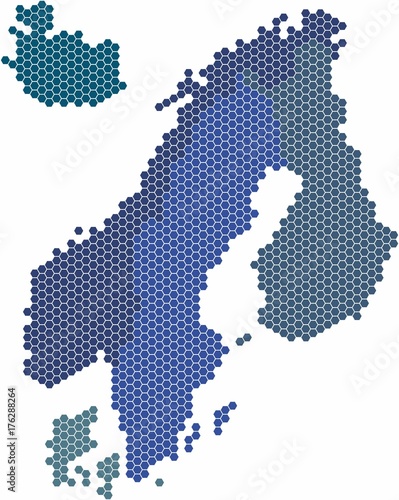 Hexagon shape Nordic counties map on white background. Vector illustration.
