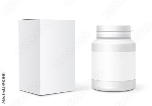 Medicine blank plastic bottle, cardboard packaging box. Realistic vector