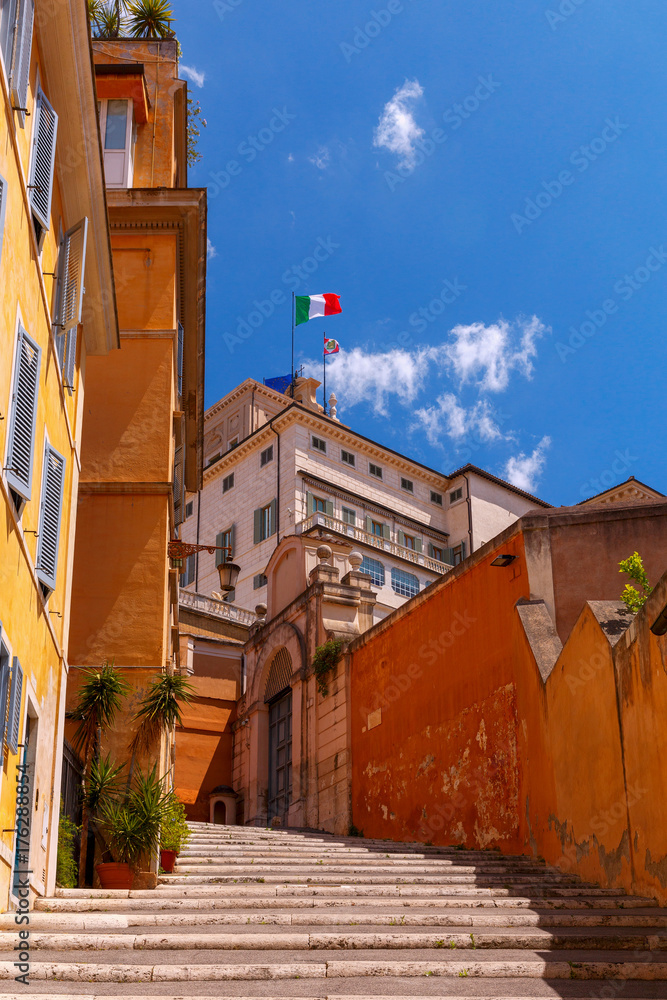 Obraz premium Rome. The Italian flag on the Quirinale Palace.
