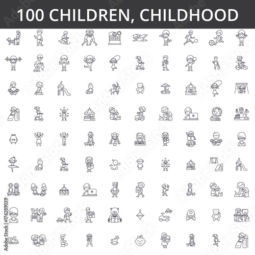 Children, childhood, preschooler, newborn, kid health, playing games, kindergarten, teenager lifestyle line icons signs Illustration vector concept. Editable strokes