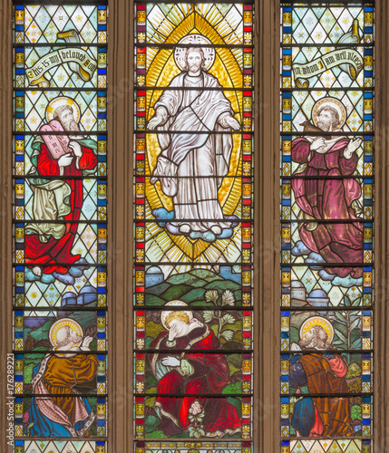 LONDON  GREAT BRITAIN - SEPTEMBER 14  2017  The Transfiguration of the Lord on the stained glass in the church St. Catharine Cree from 19. cent.
