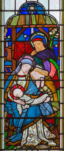 LONDON, GREAT BRITAIN - SEPTEMBER 14, 2017: The Nativity of Jesus Christ on the stained glass in the church St. Michael Cornhill by Clayton and Bell from 19. cent. photo