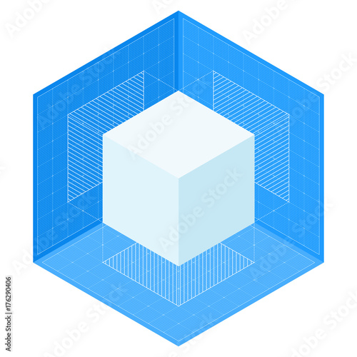 3D cube projections on blueprint. Isometric vector illustration