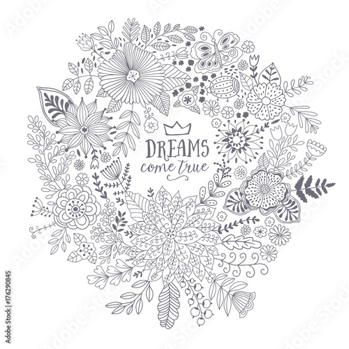 Fototapeta Naklejka Na Ścianę i Meble -  Vector circle frame, wreath design made of doodle flowers.