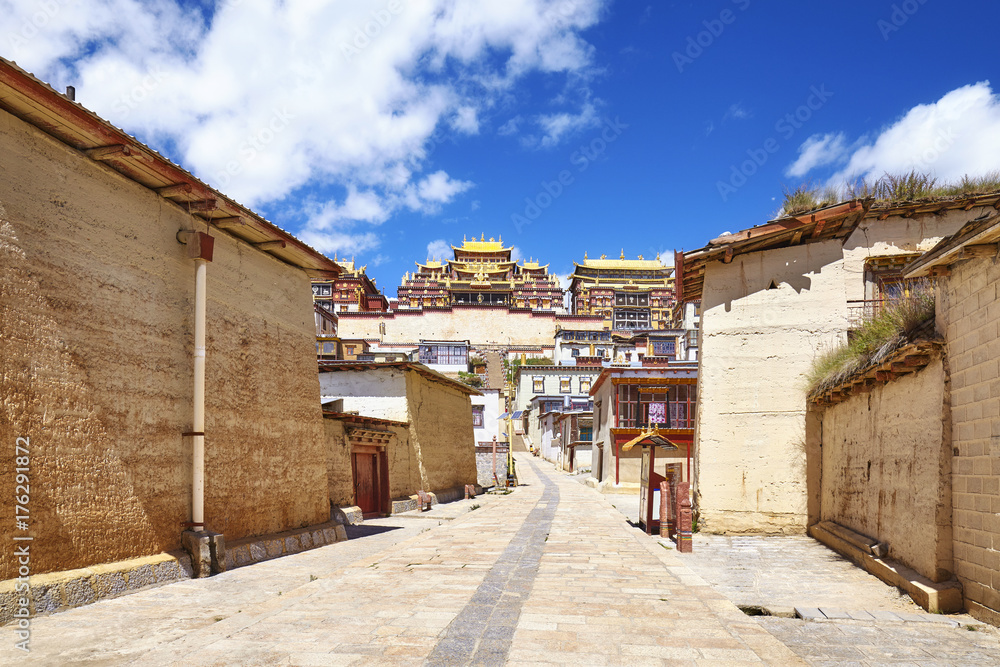 Street in Songzanlin Monastery, also known as Sungtseling, Ganden Sumtsenling or Little Potala Palace, Yunnan, China.