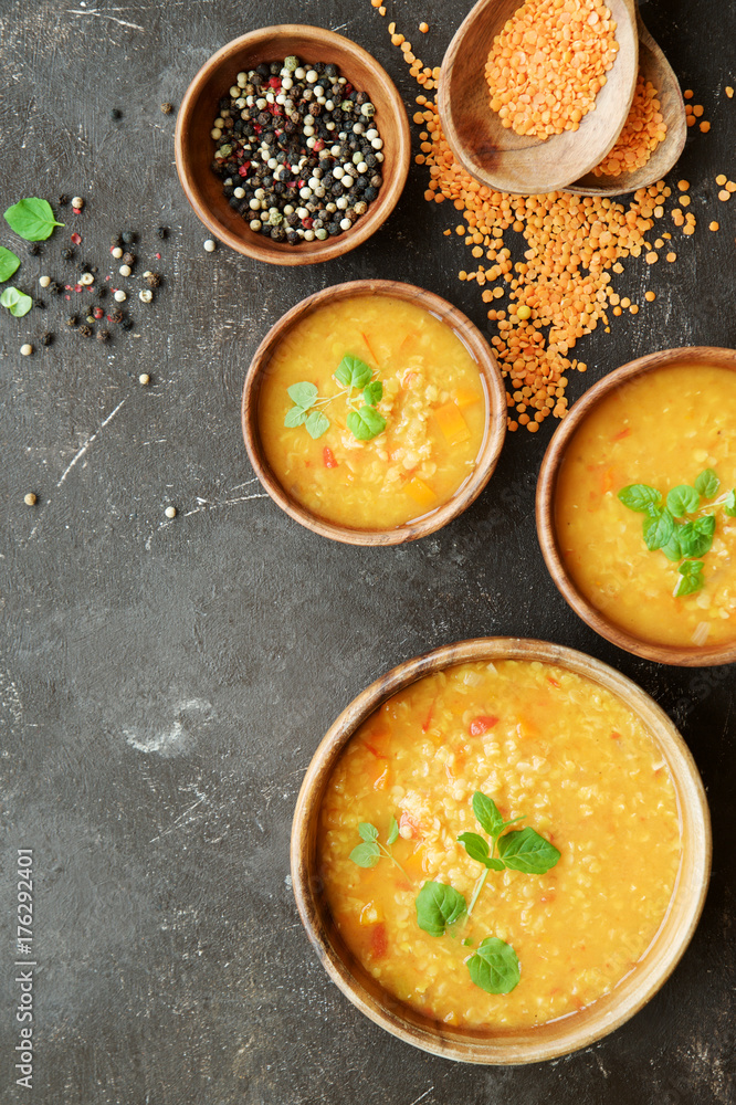 Lentil soup with tomatoes, carrots and mint. Vegetarian food
Lentil soup with tomatoes, carrots and mint. Vegetarian food