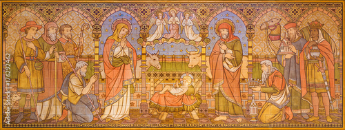 LONDON, GREAT BRITAIN - SEPTEMBER 15, 2017: The tiled mosaic of Adoration of Magi in church All Saints by Matthew Digby Wyatt (1820 - 1877).