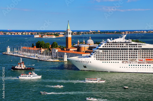 Cruise ship moving through San Marco canal in Venice, Italy