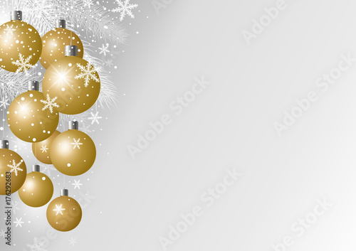 Vector luxury christmas background design of gold xmas ball and fir branch with snow