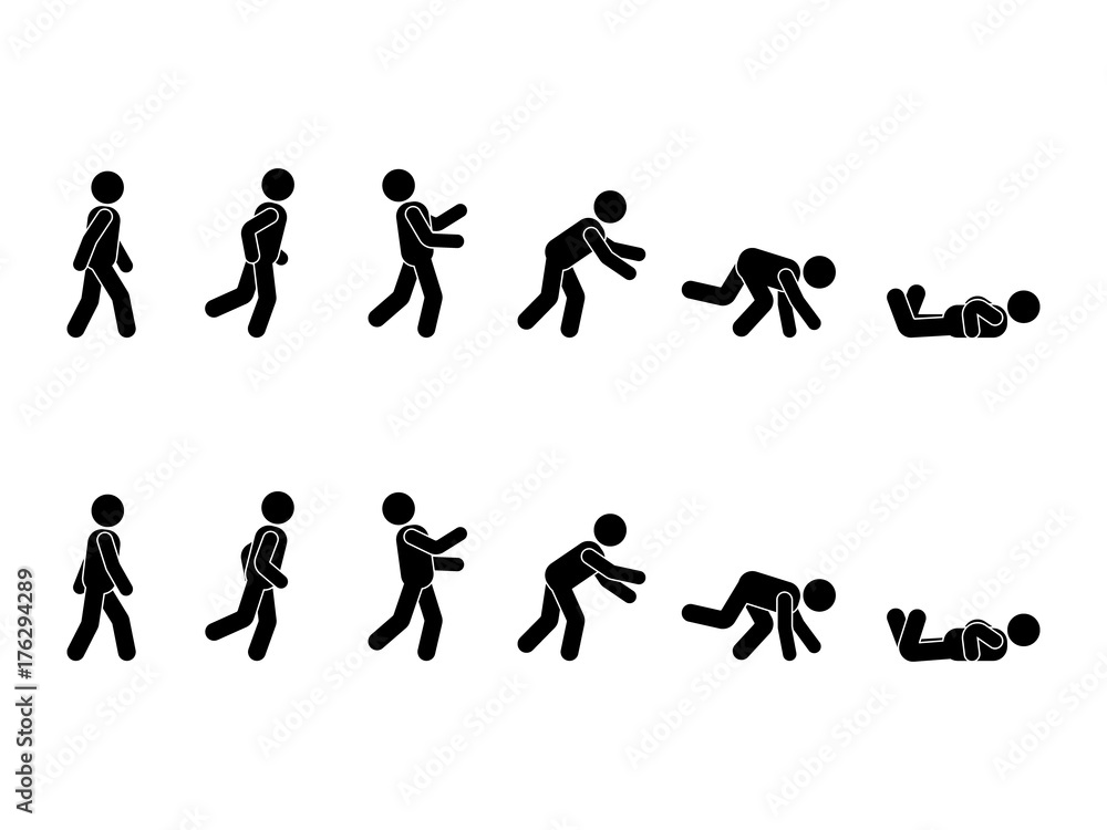 Walking man stick figure pictogram set. Different positions of stumbling and falling icon set symbol posture on white