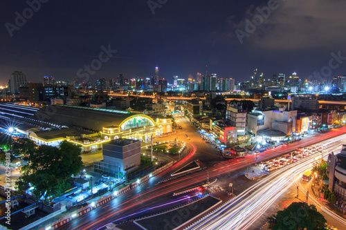 Top view of Blur light traffic at Hua Lamphong Station public landmark of train station