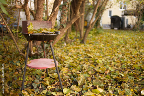 Grill mit Laub im Herbst hochkant
