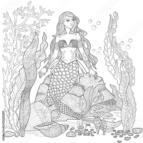Mermaid on the seabed page. Vector Illustration for adult coloring book.