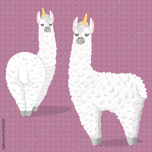 set of cute cartoon lama alpaca with unicorn horn.polka dot seamless background.Vector Illustration.unique design for cards, posters,t-shirts,invitations