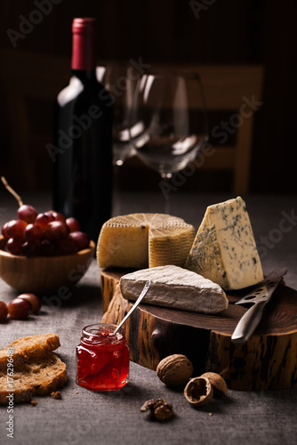 Cheese board, wine and fruits